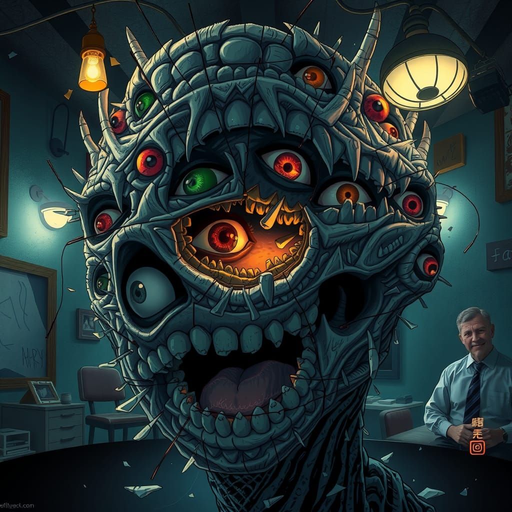 Surreal Anime Nightmare Realm: Fragmented Faces and Eerie Ey...