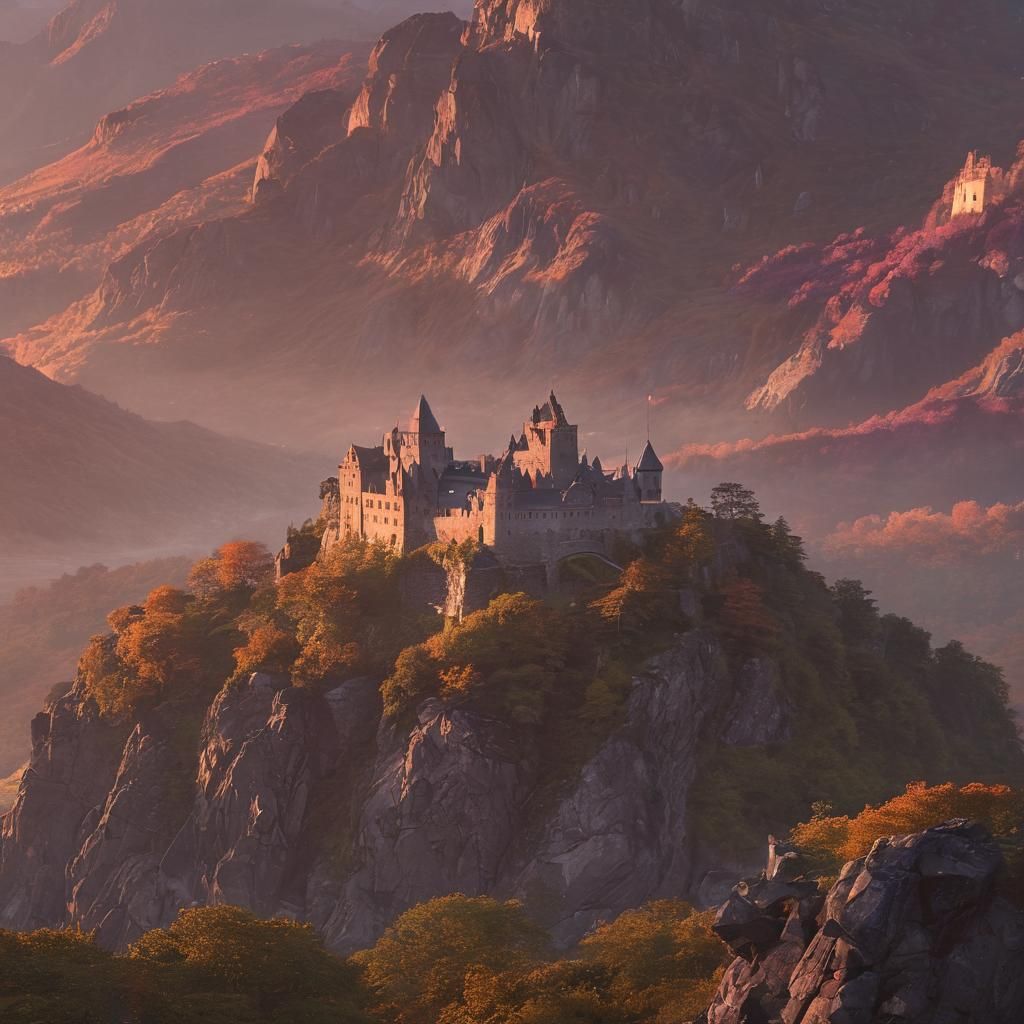Fantasy Castle Overlooking Sunset in Golden Light