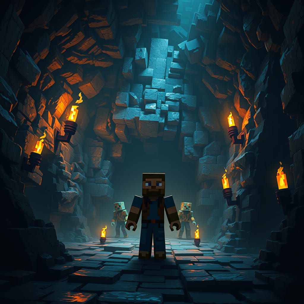 Minecraft Hero Faces Dark Cave Horde in Moody Fantasy Art