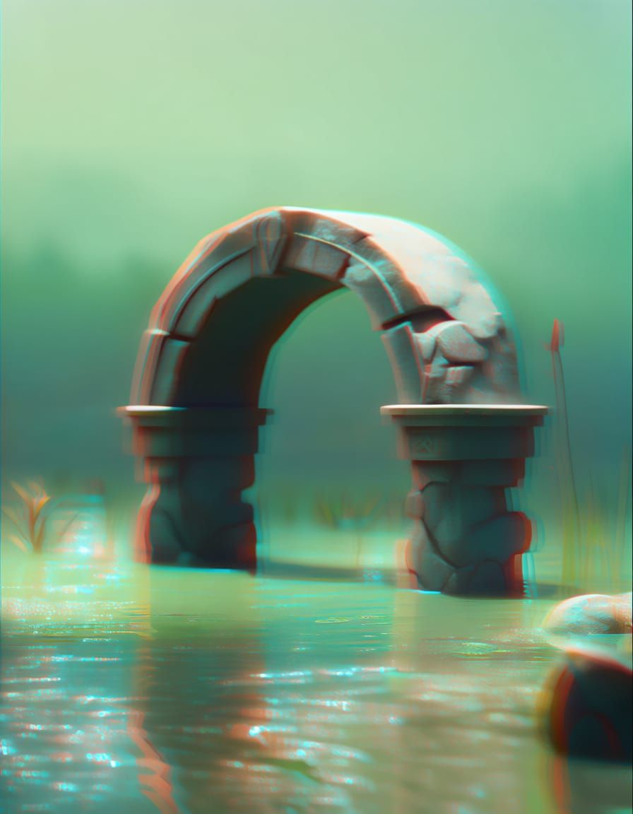 Mysterious Stone Arch in Swamp, Hyperrealistic Photography