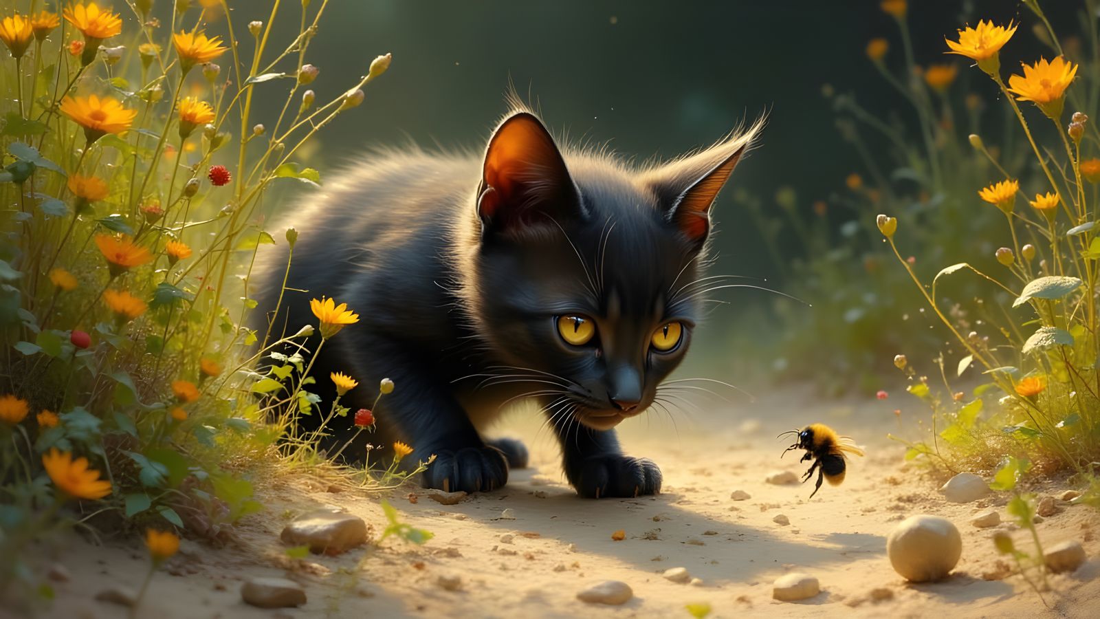 Tabby Kitten Stalks Bumblebee in Clover Field