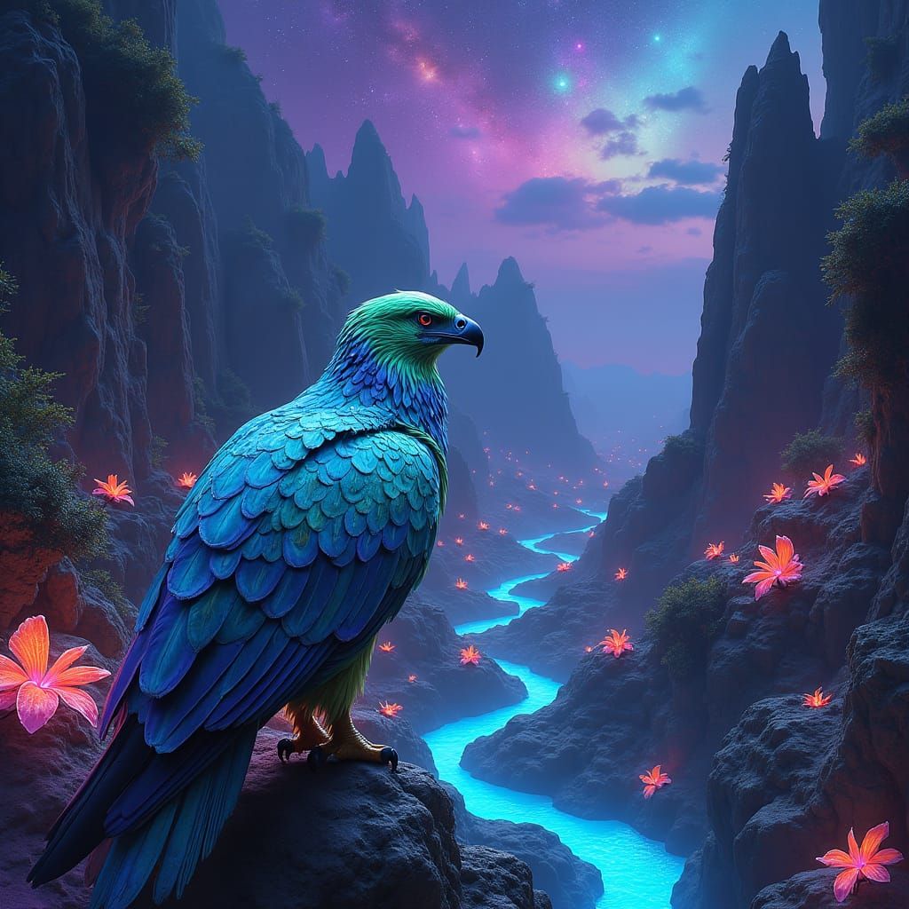 Bioluminescent Alien World with Iridescent Eagle