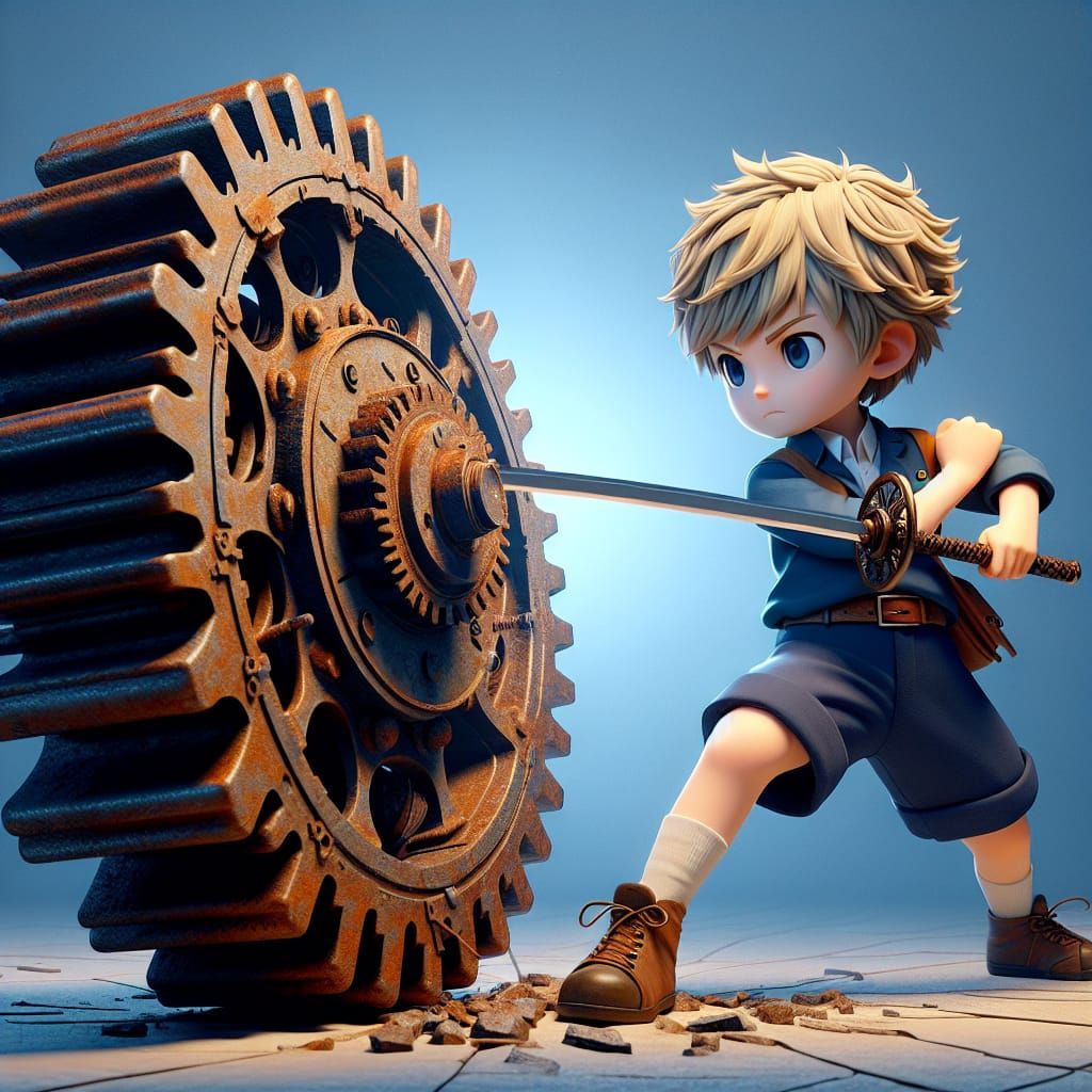 Anime Style Boy Confronts Gear Monster