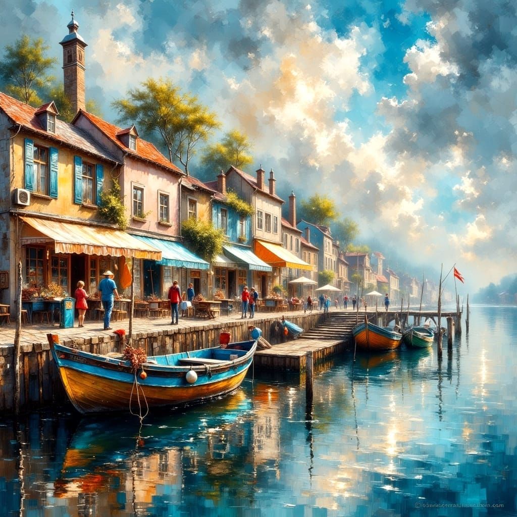 Idyllic Wharf Scene in Vibrant Oil Painting Style