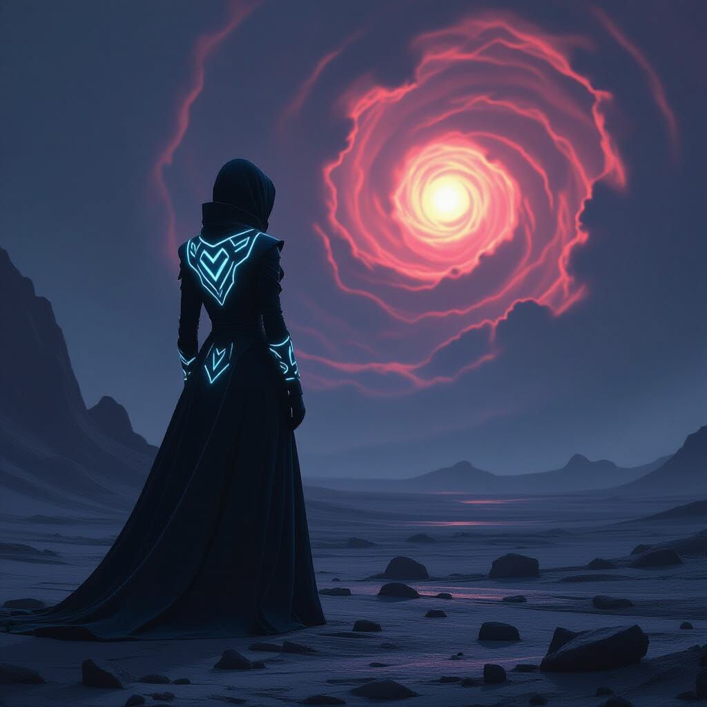 Solitary Figure on Alien Planet Against Nebula