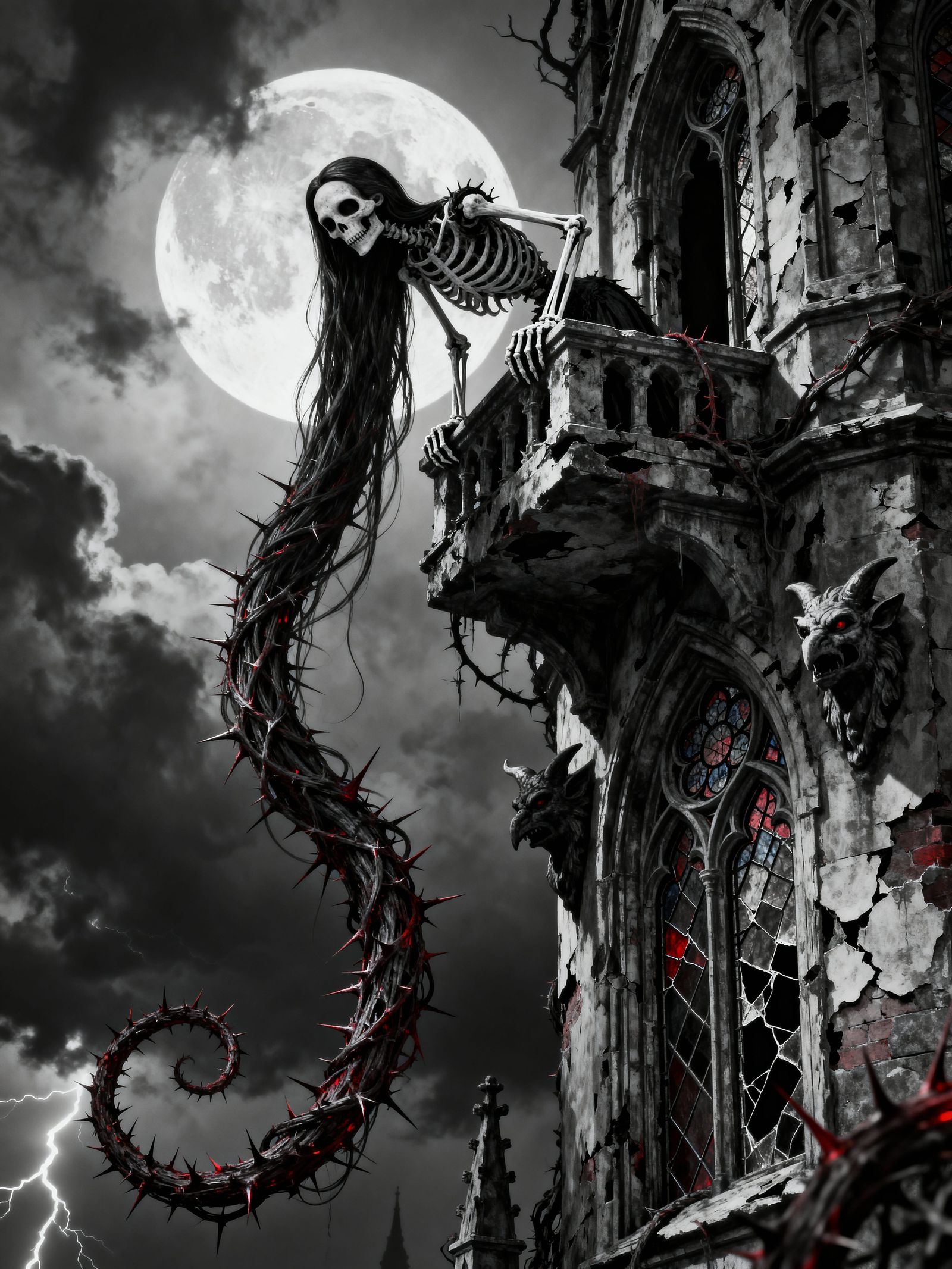 Skeletal Rapunzel in Gothic Tower, Moonlit Storm