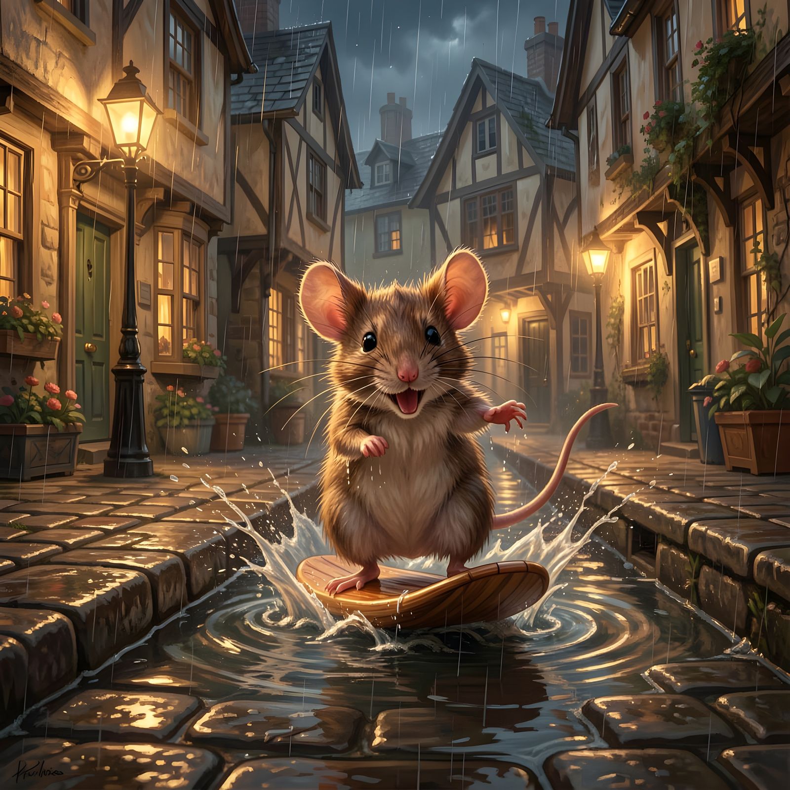 Whimsical Mouse Surfs Gutter on Rainy 17th Century Street