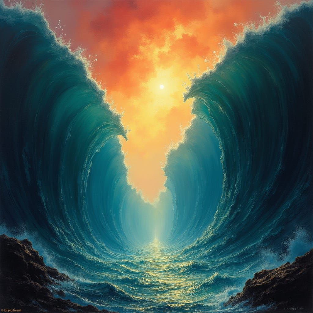 Towering Waves Part the Red Sea in a Biblical Miracle Scene