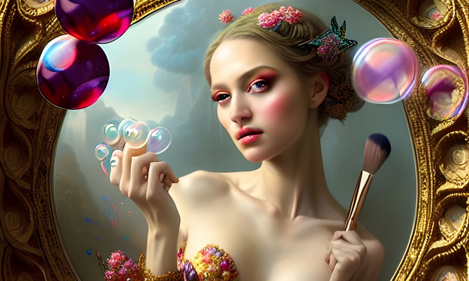 Beautiful Lady with Bubbles in Hyperrealism Style
