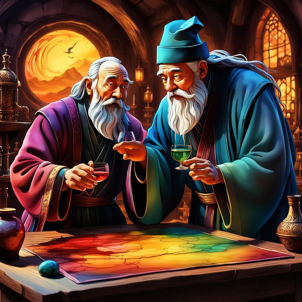 a stylized scene of a wise master teaching their apprentice