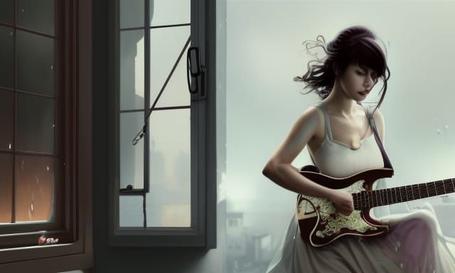 Rainy Day Guitarist: Hyperdetailed Art Nouveau Portrait