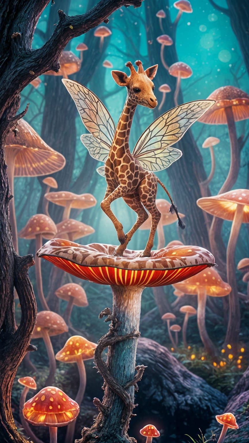 Giraffe Fairy Dances in Neon Mushroom Forest