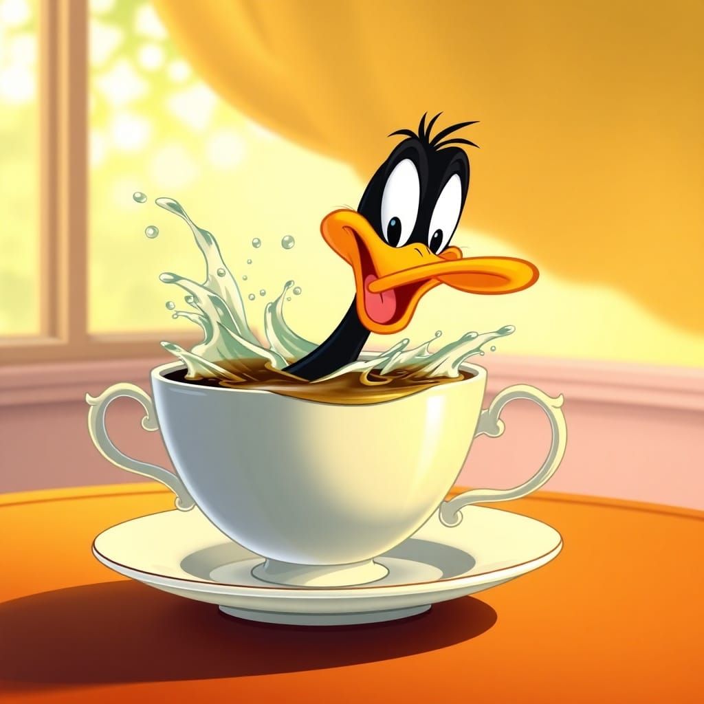 Daffy Duck Playfully Splashing in a Teacup