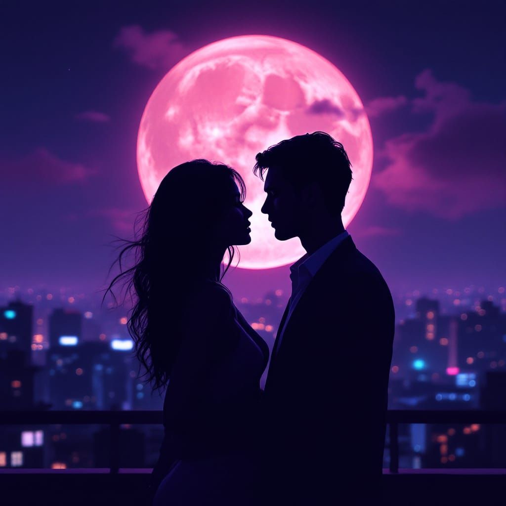 Romantic Couple Silhouetted Against Full Moon Over City