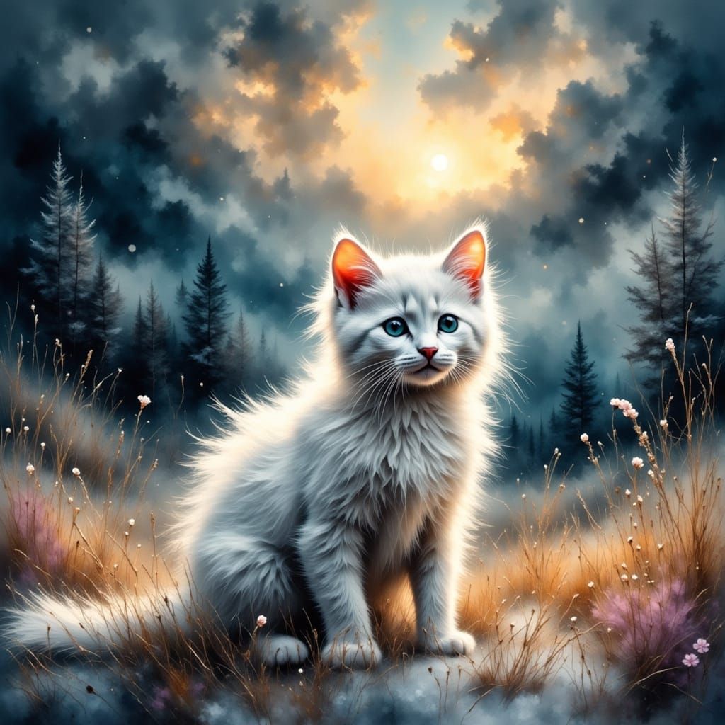 Whimsical Snow White Feline in a Vibrant Winter Wonderland