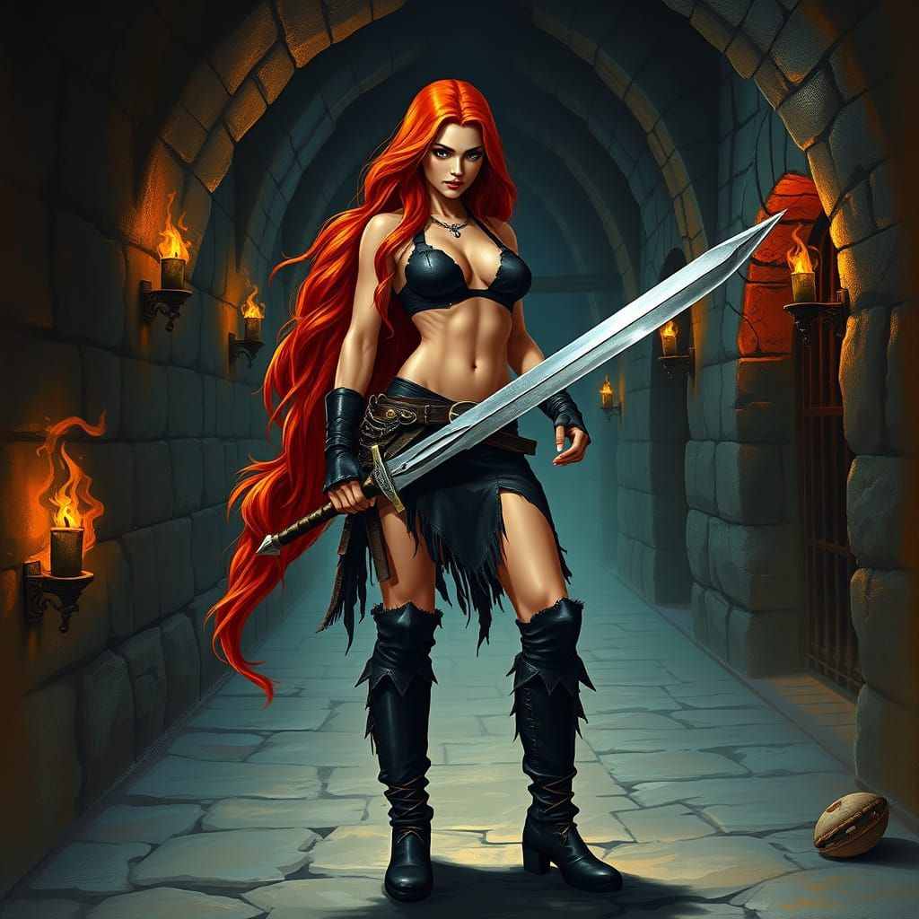 Vibrant Female Warrior in a Frank Frazetta Style