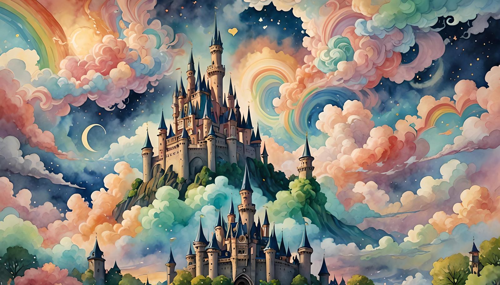 Psychedelic Sky with Pastel Rainbow in Watercolor Style