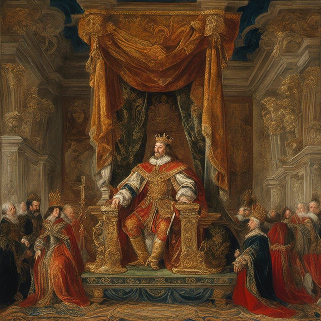 Medieval king seated on an ornate throne
