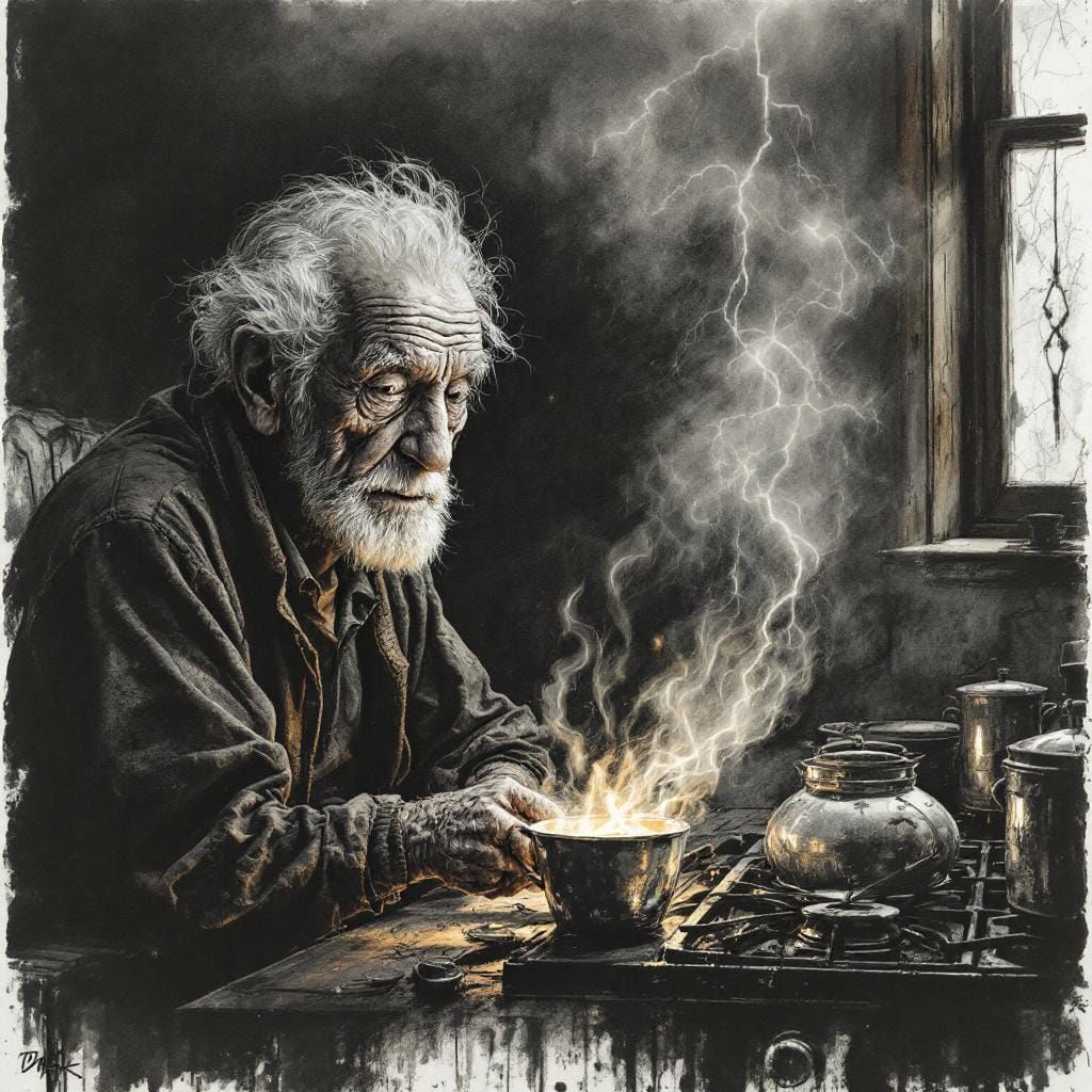 Elderly Couple During Thunderstorm: Charcoal Drawing