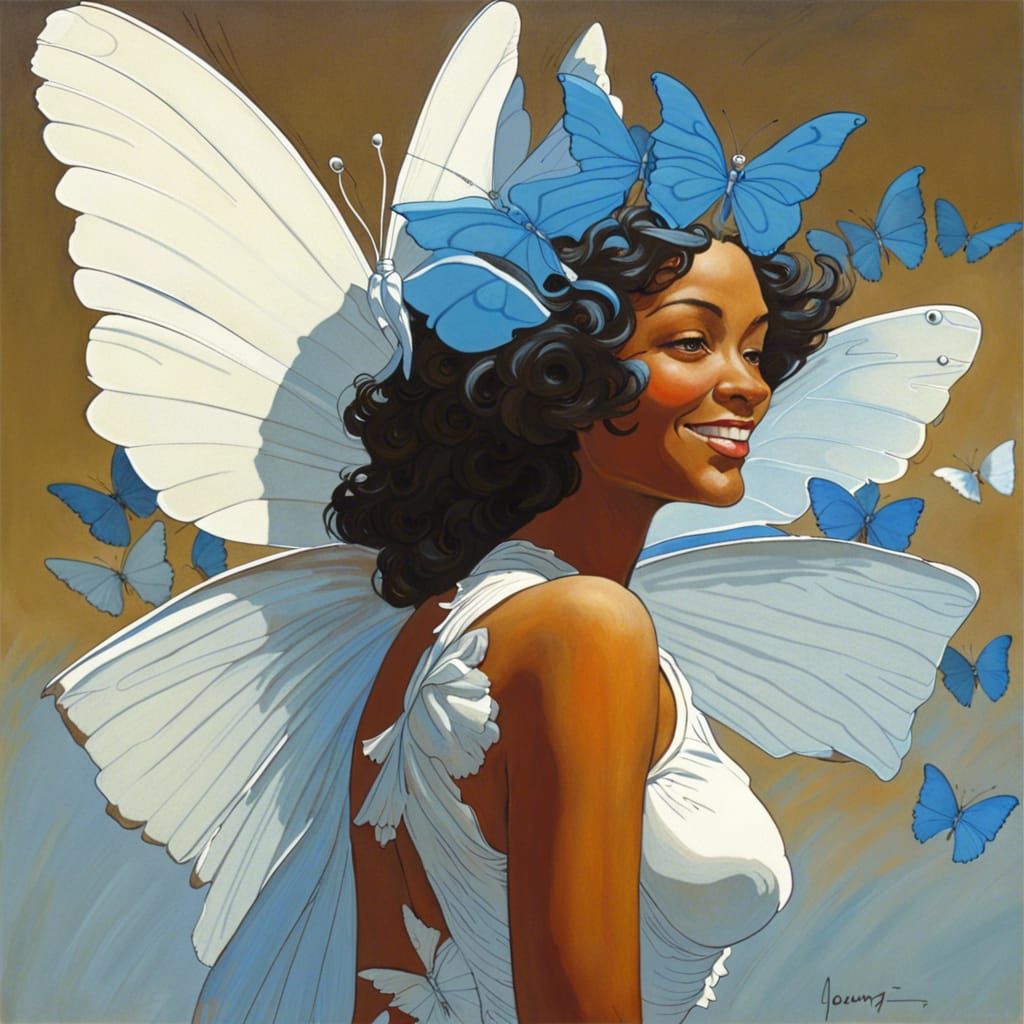 Butterfly Woman with Blue Wings in Splash Art Style