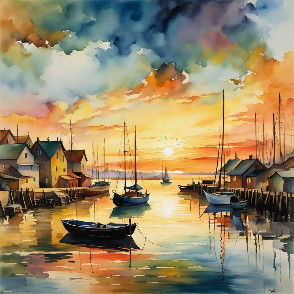 Sunset in a small harbor by the sea