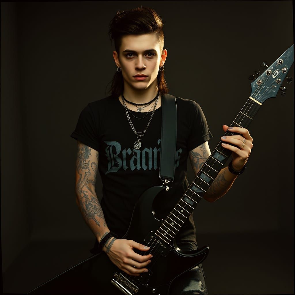 Edgy Gothic Rock Star With Guitar in Film Still