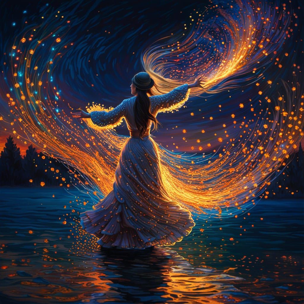 Ethereal Light Woman Dancing on Twilight Lake