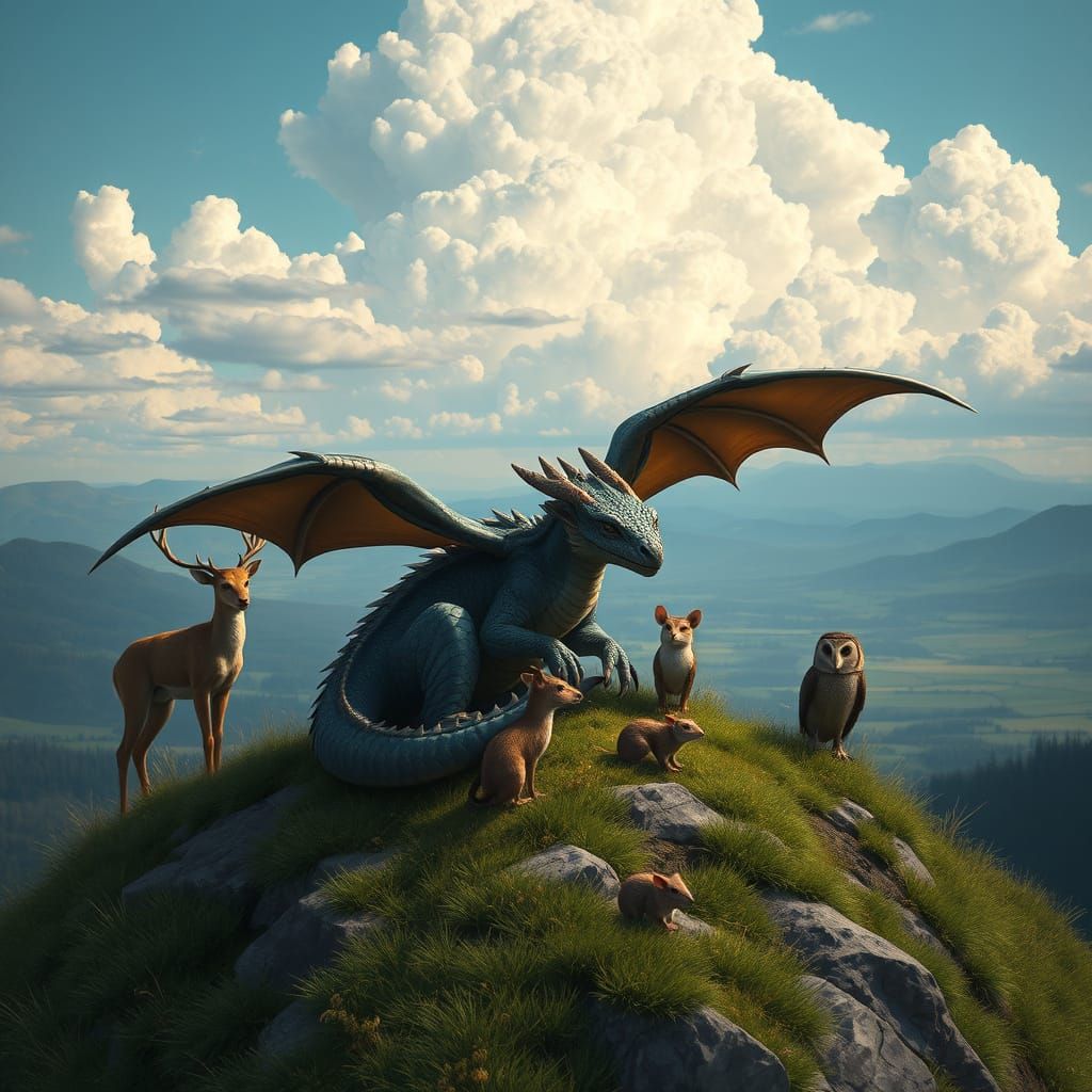 Fantastical Creatures Aid Young Dragon on Mountain Peak