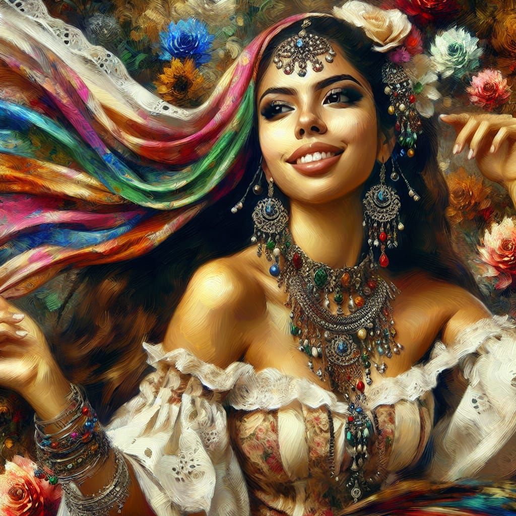 Bohemian Hispanic Woman Dancing in Oil Painting Style