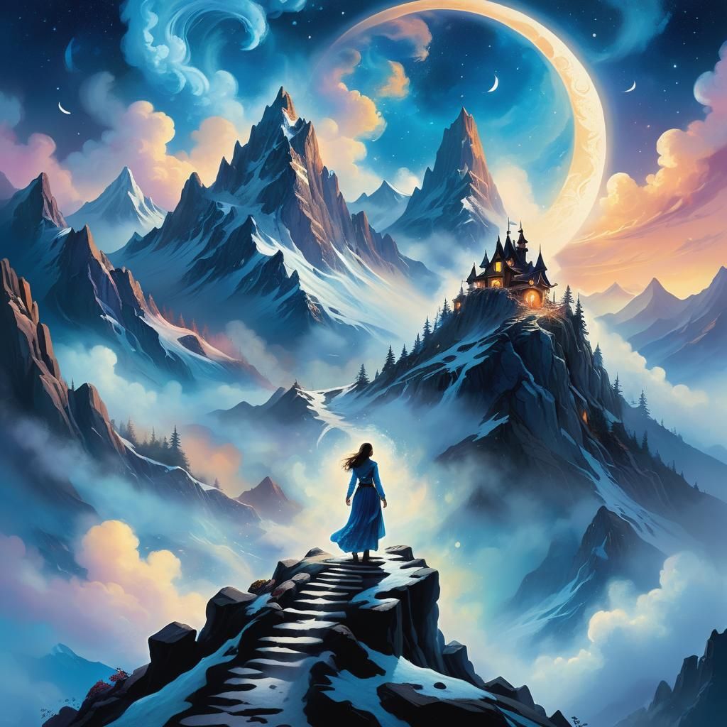 Ethereal Woman Enters Moon Lodge in Fantasy Illustration