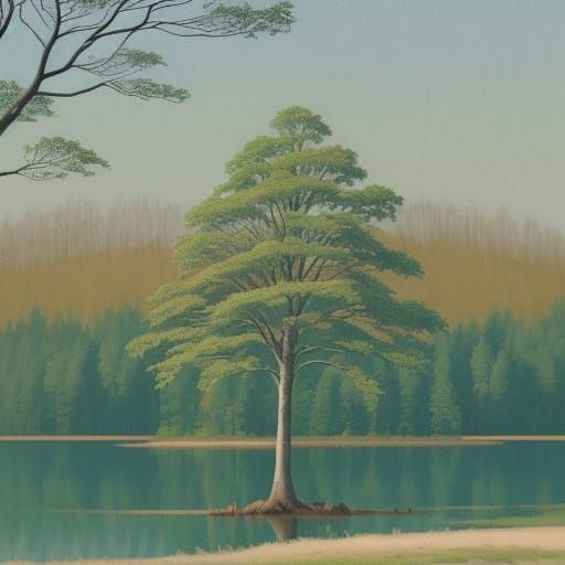 Naive Art Tree and Lake Illustration