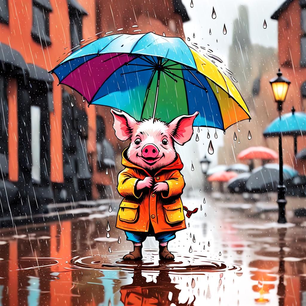 Piglet in Raincoat with Umbrella: Storybook Illustration