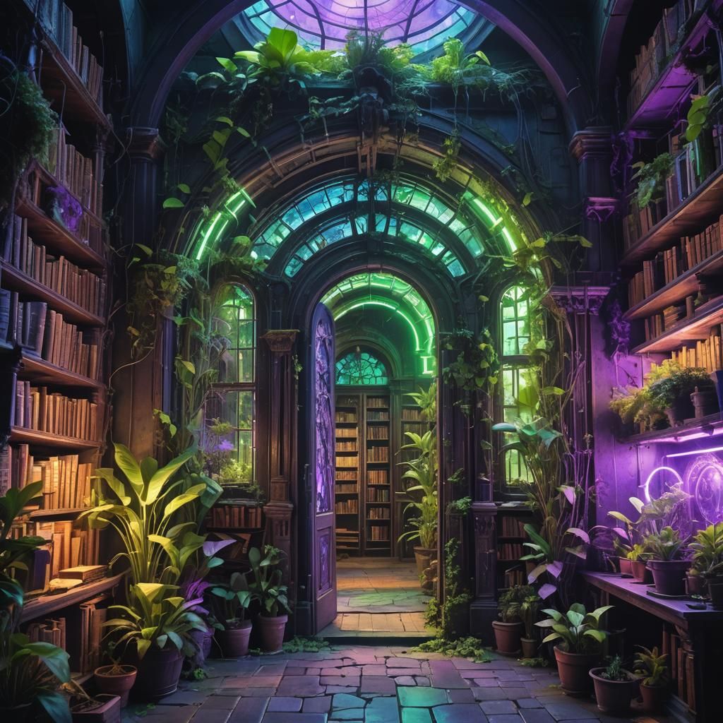 Portal to Cyberpunk Hothouse in Antique Library