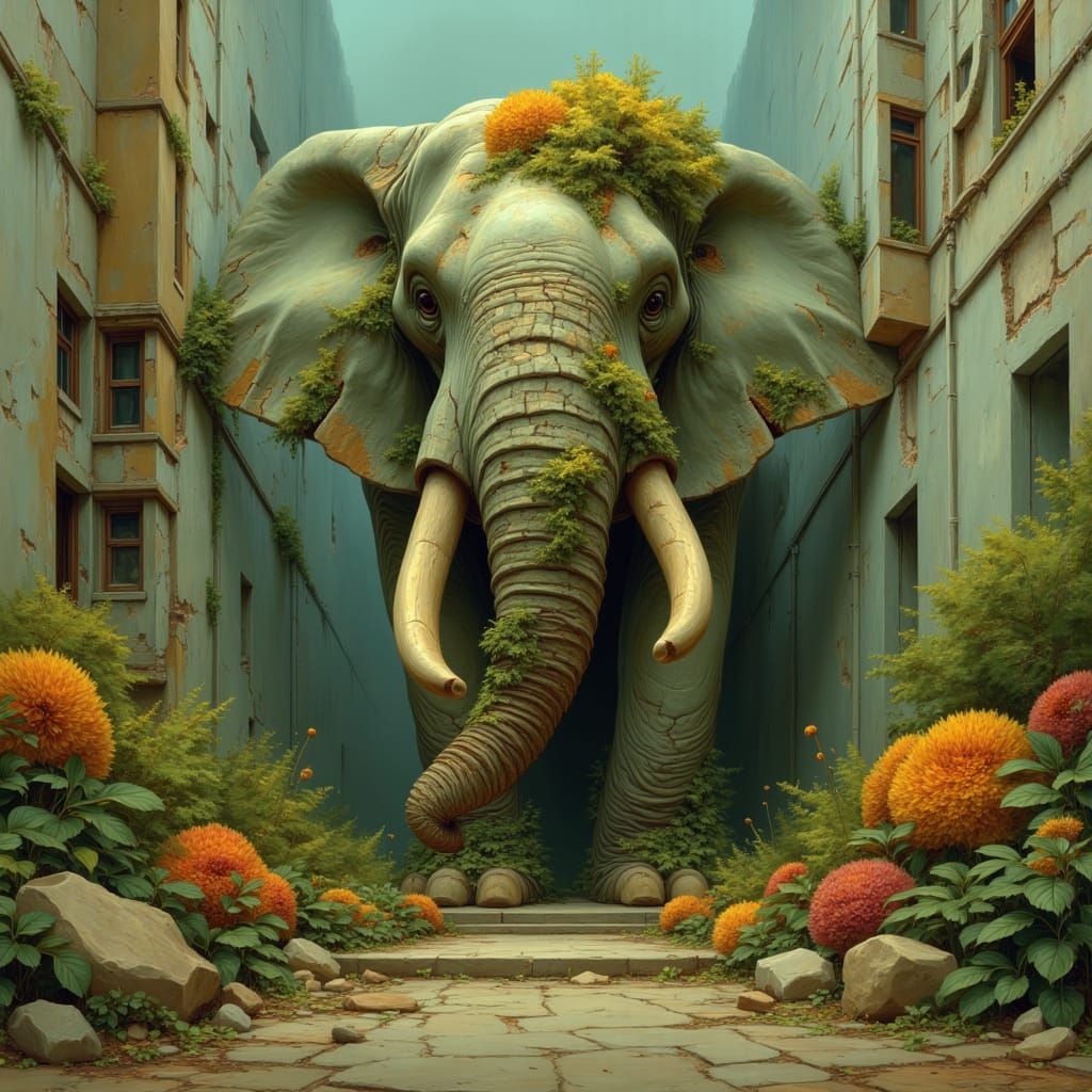 Brutalist Stone Elephant in Sepia Photography Style