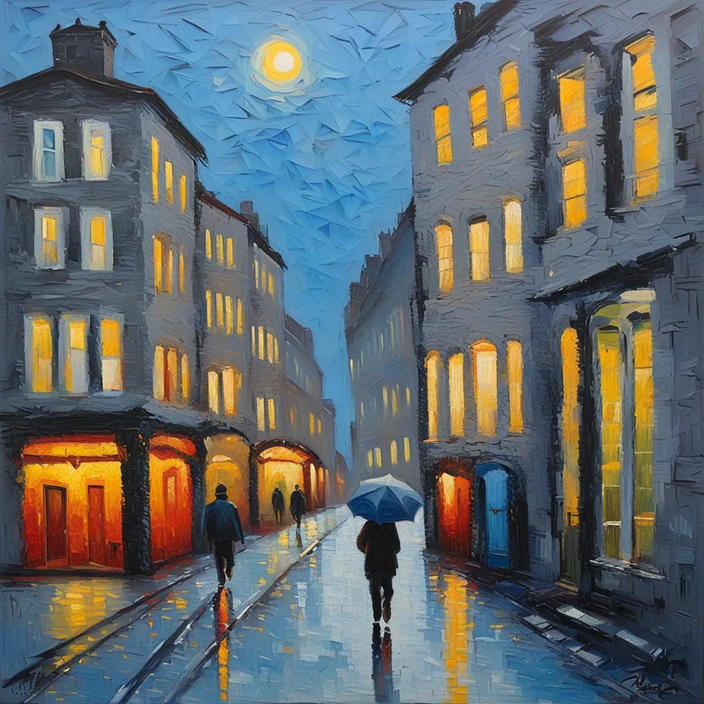 Dawn Walk to Hotel: Neo-Impressionist Expressionist Oil Pain...