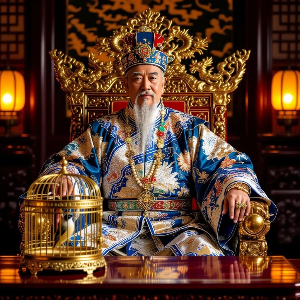 Elderly Chinese Emperor in Regal Splendor with Majestic Nigh...