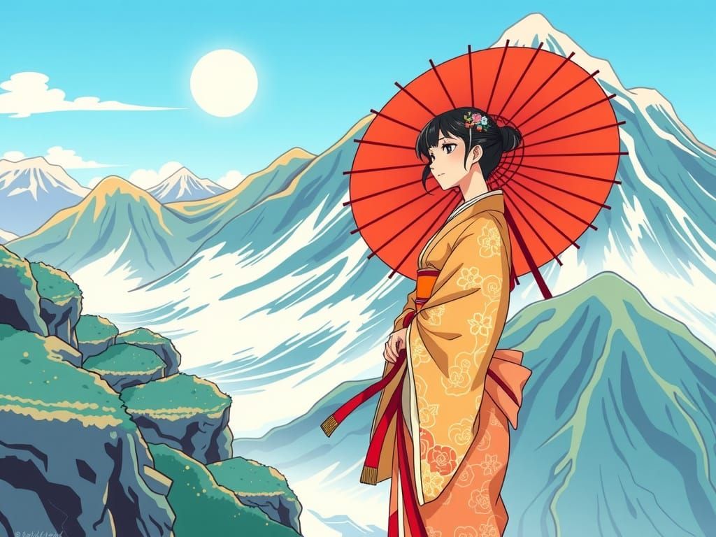 Elegant Amateratsu Goddess of the Sun on a Serpentine Mounta...