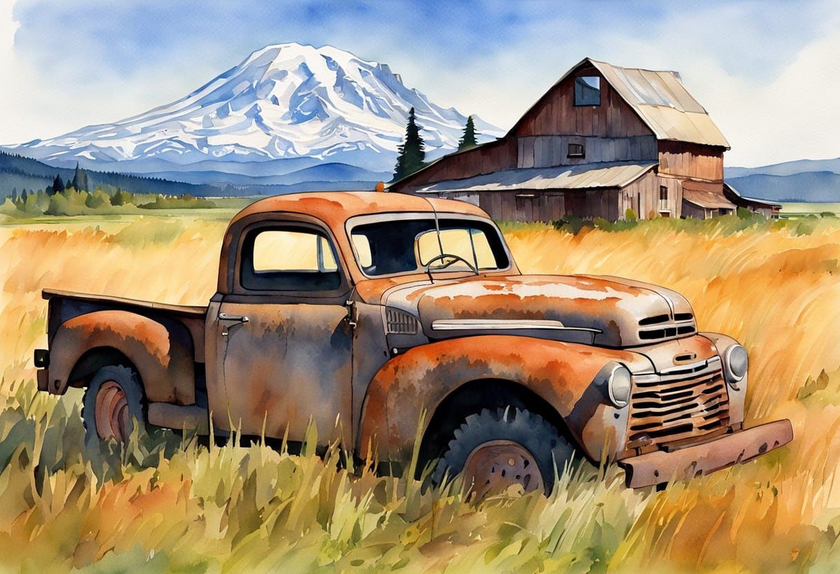 Impressionistic Watercolor Landscape with Old Truck
