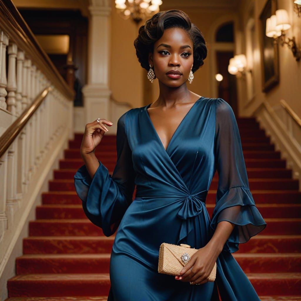 Glamorous Black Woman in Blue Silk Gown on Red Carpeted Stai...