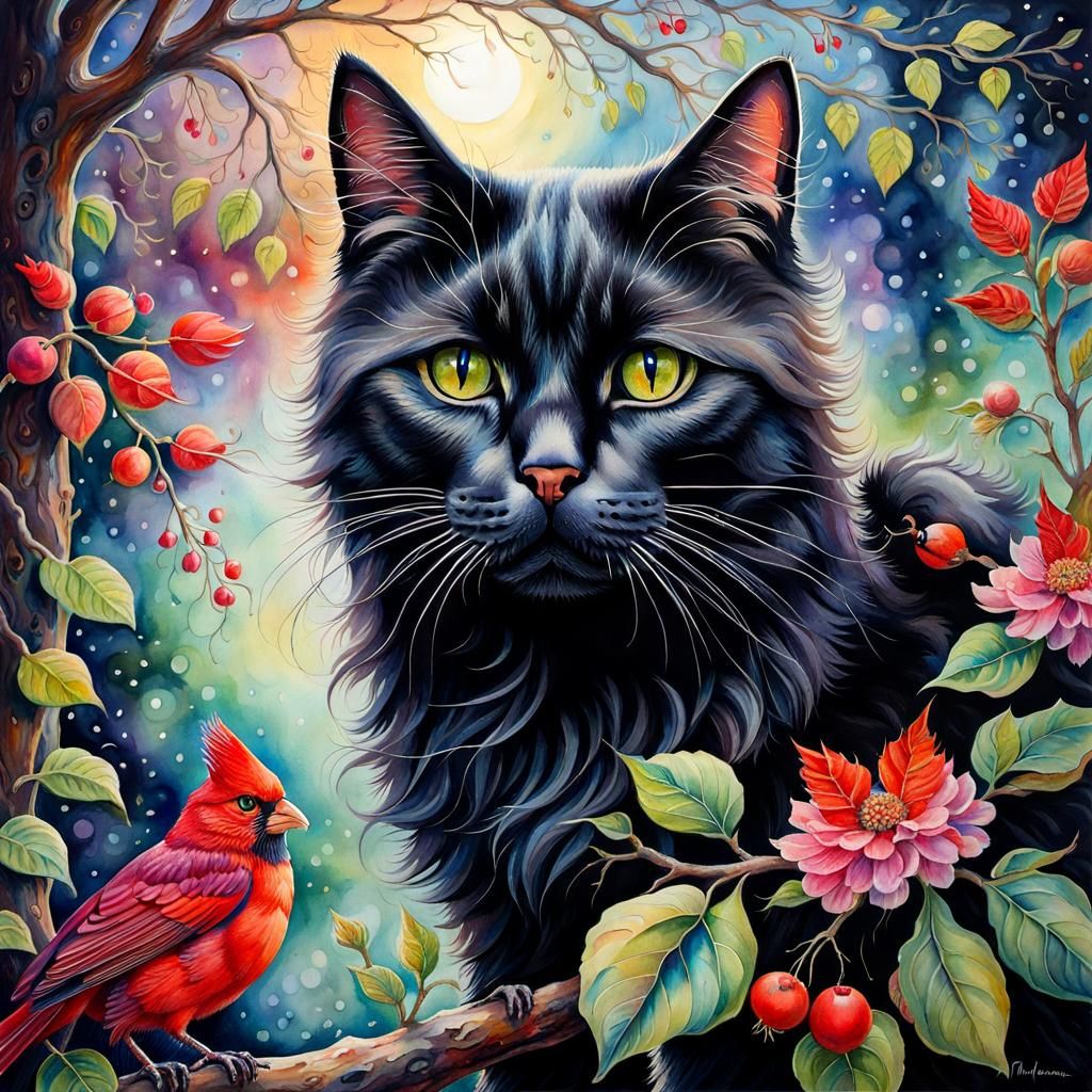 Watercolor Portrait of Cat and Cardinal