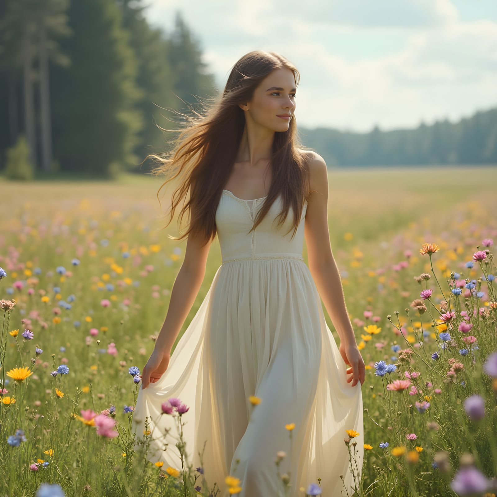 Romantic Landscape with Serene Woman and Wildflowers in Full...