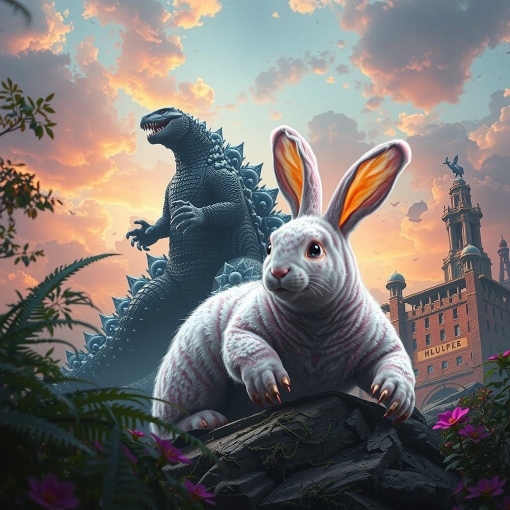 Cyberpunk Bunny Godzilla Emerging from Mysterious Vortex