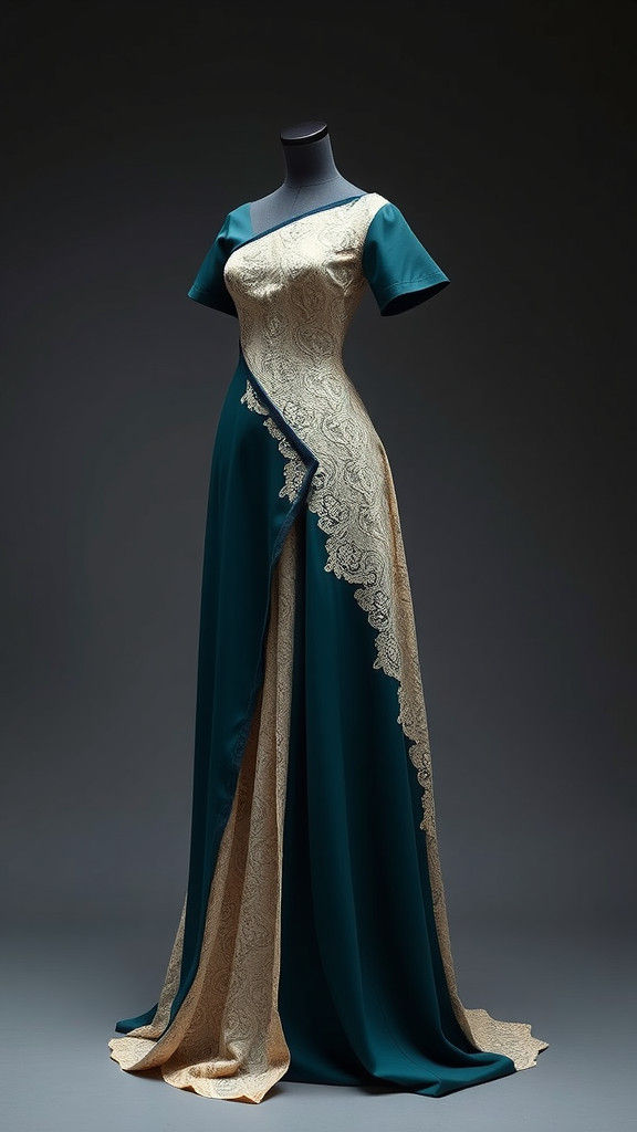 Dark-Teal Gown with Cream Lace in Anime Style