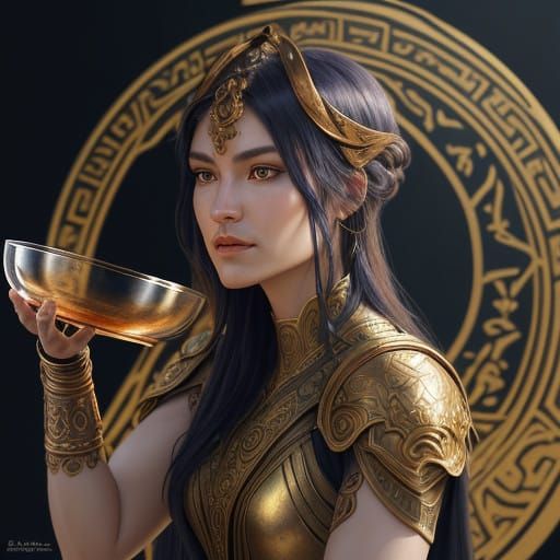 Warrior Woman in Morning Light Sips Coffee in Ancient Armor