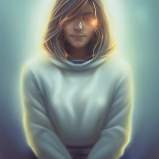 Woman in Blue Sweater, Night Sky Background