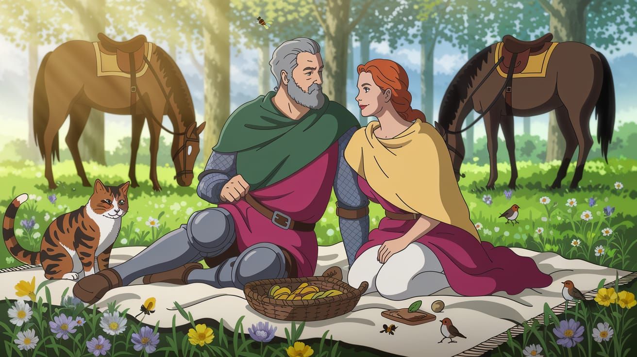 Medieval Knights' Whimsical Springtime Picnic in Vibrant Col...