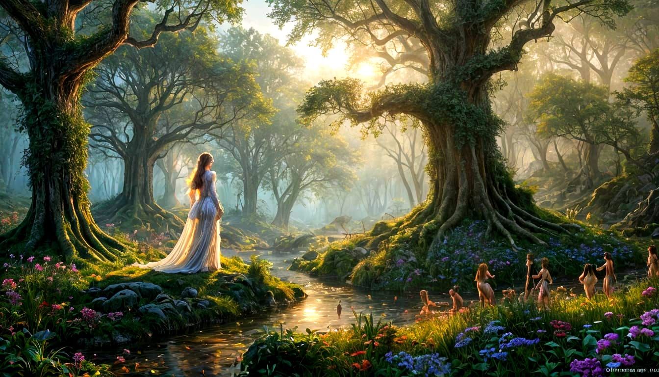 Ethereal Forest Spirits Mourn Fallen Forest Lady