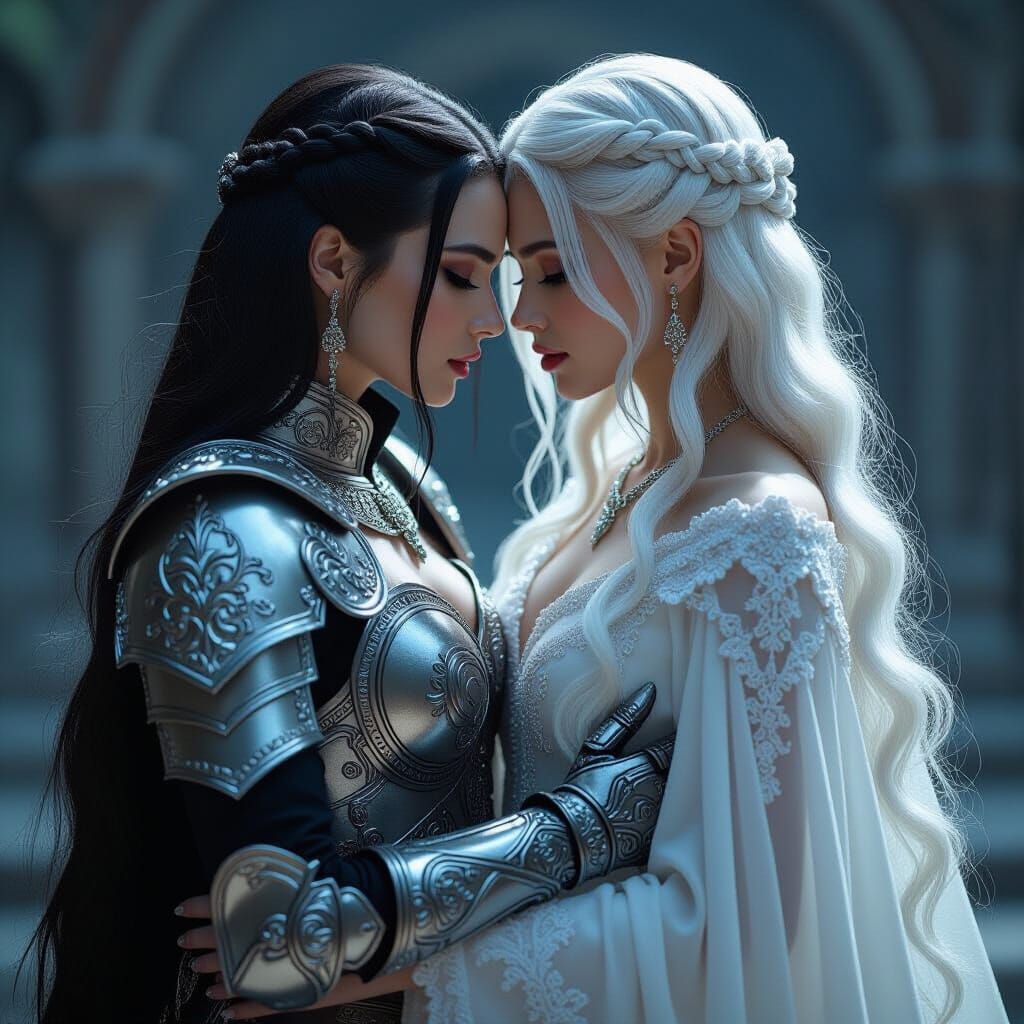 Two Warrior Women Embrace in Fantasy Cinematic Style