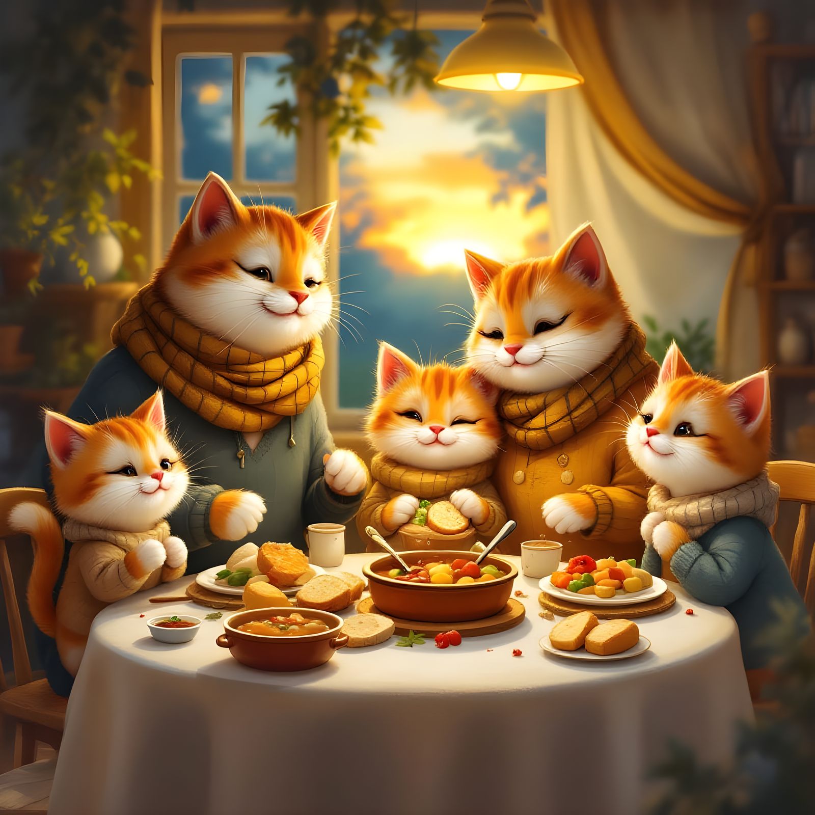 Cat Family Dinner: Whimsical Animated Illustration