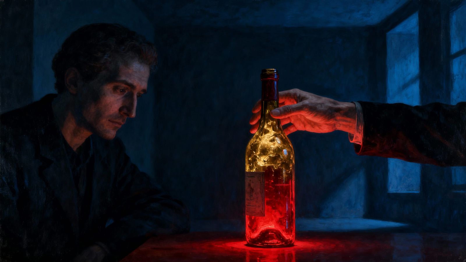 Man's Hand Reaches for Glowing Wine Bottle in Moody Shadows